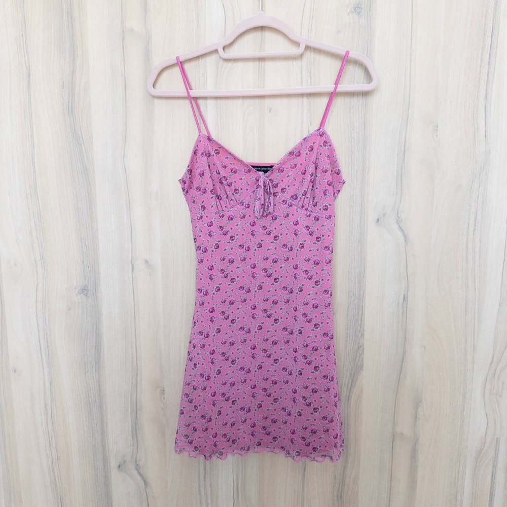 Urban Outfitters Floral Babydoll Dress S Pink Mesh‎ Tie Front Milkmaid Coquette